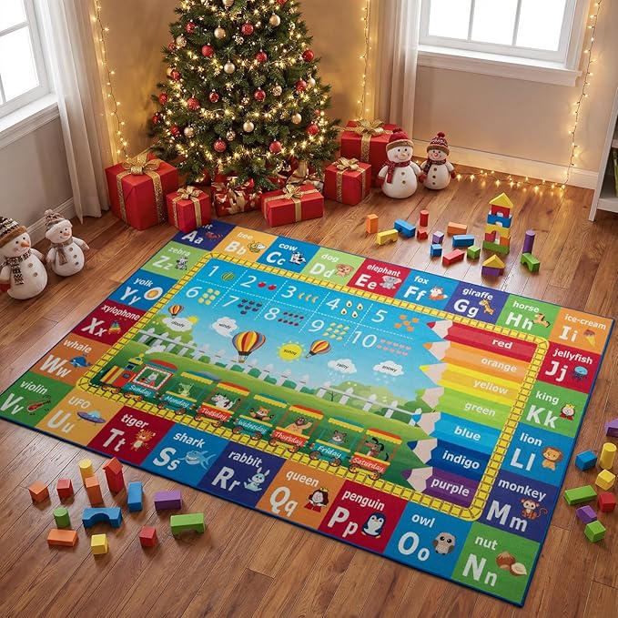 Unirea 6x9 Kids Rug for Playroom Classroom Bedroom, Washable Educational Play Mat with ABC Alphabet, Numbers, Animals for Living Room, Nursery, Colorful Learning Carpet for Toddlers, Rainbow
