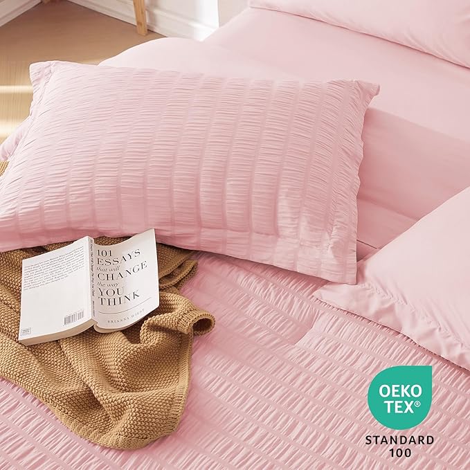 MUXHOMO 7 Pieces California King Comforter Set, Seersucker Bed in a Bag Cal King Size, All Season Luxury Bedding Set with Comforter, Flat Sheet, Fitted Sheet, Pillowcases & Shams, Pink