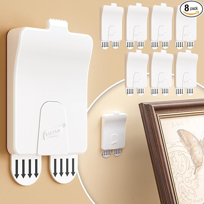 TAILI Picture Hangers 8 Pcs, Damage Free Picture Hangers for Walls，Adhesive Picture Hanging Hooks Without Nails，Art Hanger for Bathroom Kitchen Home Door Closet, Inclue 2 Extra Strips