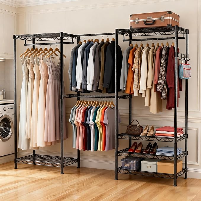 Clothes Rack, Heavy Duty Clothes Rack, Large Wire Closet Garment Rack, Freestanding Expandable Metal Clothing Rack with 4 Hanging Rods, 6 Shelves, and 4 Hangers for Hanging Clothes, Black