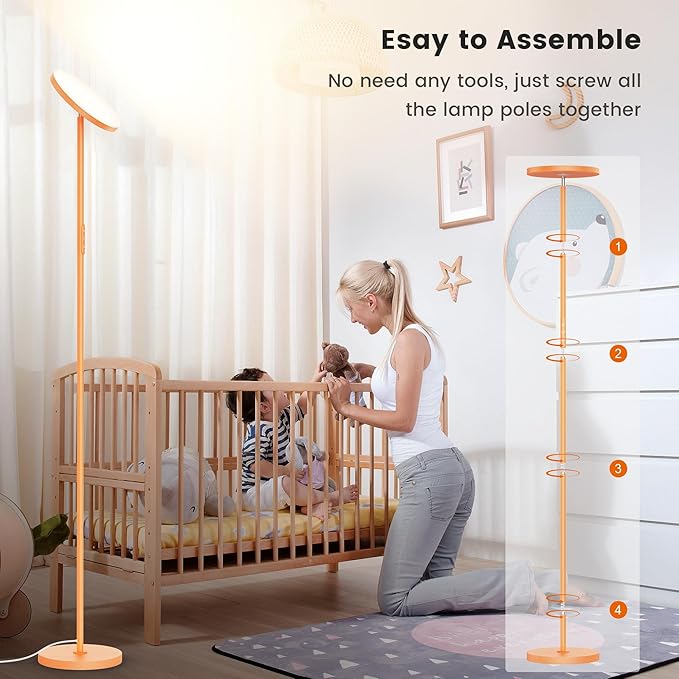 Floor Lamp,Bright 36W 3500LM Standing Lamp with Remote, 2700K Soft White to 6500K Cool White Adjustable,Touch Control Dimmable Torchiere Tall Light for Living Room,Bedroom,Office,Sofa(Orange)