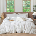MooMee Striped Duvet Cover Set 100% Washed Cotton Linen Like Textured Breathable Durable Soft Comfy (White Heathered Green Wide Stripes, Twin 68"x90")