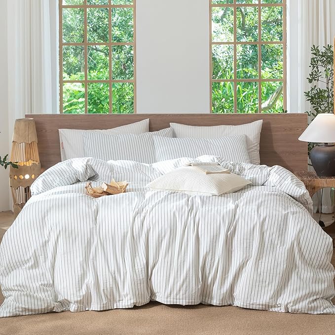 MooMee Striped Duvet Cover Set 100% Washed Cotton Linen Like Textured Breathable Durable Soft Comfy (White Heathered Green Wide Stripes, Twin 68"x90")