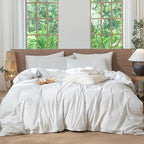 MooMee Striped Duvet Cover Set 100% Washed Cotton Linen Like Textured Breathable Durable Soft Comfy (White Heathered Green Wide Stripes, Full 80"x90")