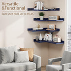 4 Tier Floating Shelves - Navy Blue Set of 4, Rustic Pine Wooden L Shaped Corner Wall Shelf for Wall Decor Storage, Bedroom, Living Room, Bathroom, Kitchen