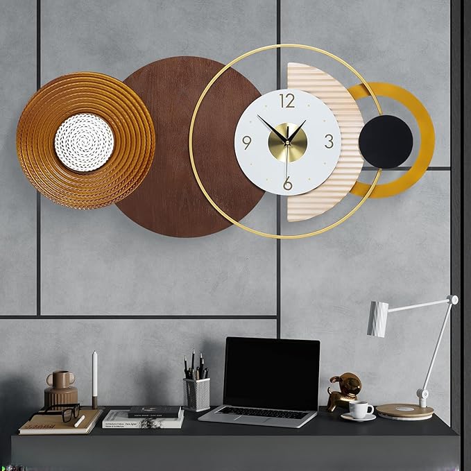 47.2x22.8 inch Large Mid Century Wall Clock for Living Room, Metal & Wood Modern Brown Decorative Clocks Silent Battery Operated for Home, Office, Bedroom, Dining