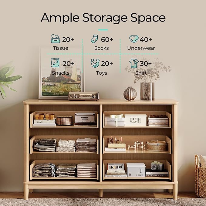 LINSY Rattan 8 Drawer Dresser for Bedroom, 47" Wide Mid-Century Modern Tall Chest of Drawers, Deep Storage Dresser with Curved Corner Design, Large Accent Wood Cabinet for Bedroom, Oak
