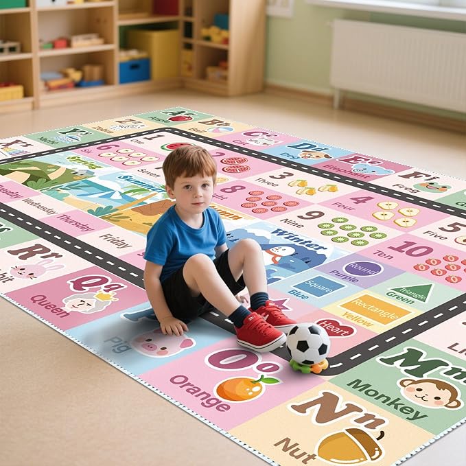 Kids ABC Rug for Playroom, Classroom Alphabet Area Carpet Playmat,Washable Toddler Mat for Baby Room,Play Room,Bedroom,Floor,Nursery (Pink,9'x12')