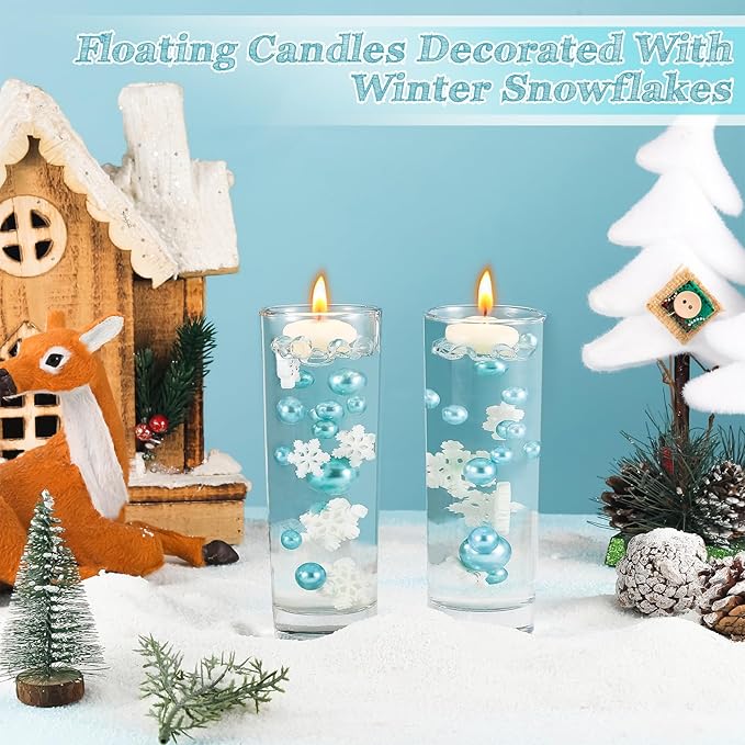 124 Pcs Christmas Vase Filler Pearls for Vase Filler Christmas Table Decor Floating Candles Centerpiece with 8 Floating Candles for Table Party Festival Decor, Not Included Clear Beads(Snowflake)