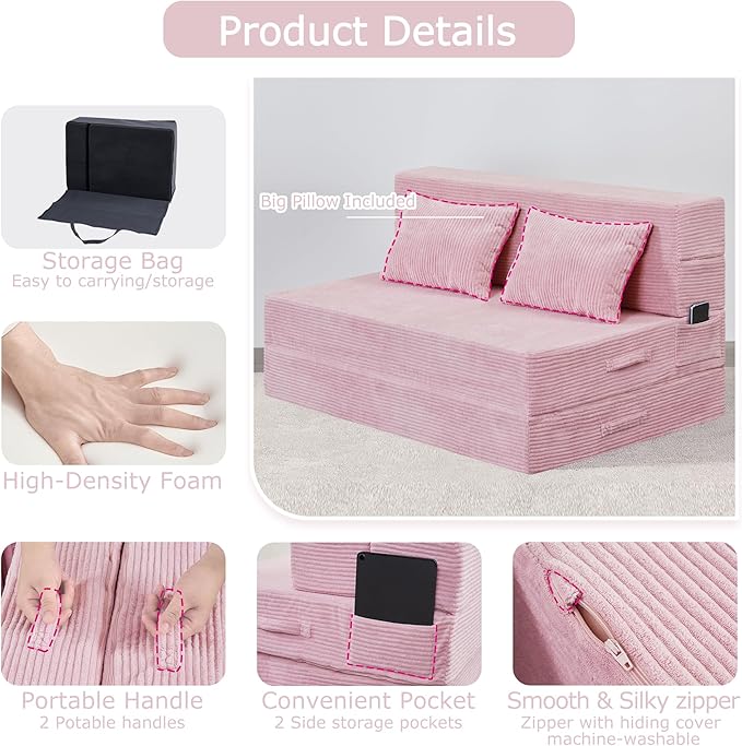 Folding Sofa Bed, 4 in 1 Convertible Sleeper Chair with Pillow, Twin Memory Foam Fold Out Chair Bed, Modern Floor Futon Sofa Couch Mattress for Living Room/Guest/Apartment, Pink