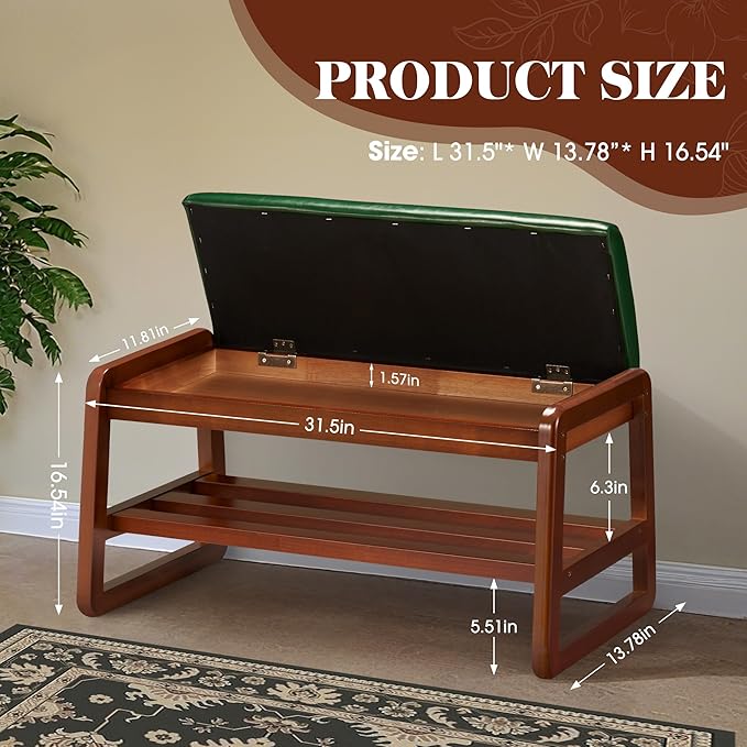 HABUTWAY Solid Wood Shoe Rack with Flip-Top Storage, Entryway Shoe Bench with Cushion, 2 Tier Shoes Storage Organizer for Hallway, Living Room-(Green,31.5"-M)