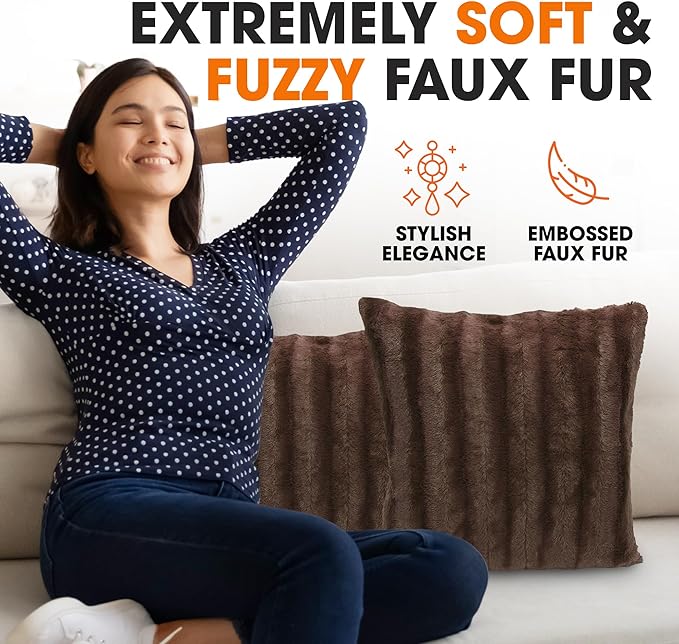 Cheer Collection Faux Fur Throw Pillows - Decorative Pillows for Couch, Bed Throw Pillows, Chocolate Accent Pillows for Bedroom or Living Room Aesthetic, Set of 2 Furry Throw Pillows, 22" x 22"