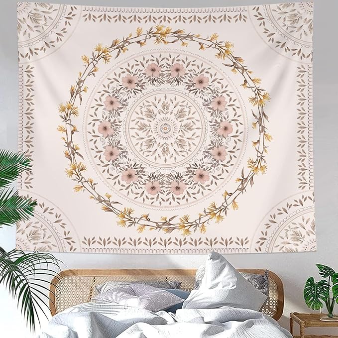 Lifeel White Pink Bohemian Tapestry Wall Hanging, Mandala Floral Medallion Hippie Tapestry with Light Brown Aesthetic Wreath Design, Cream Wall Decor Blanket for Bedroom Home Dorm, XLarge 80×90 inches