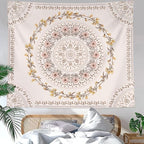 Lifeel White Pink Bohemian Tapestry Wall Hanging, Mandala Floral Medallion Hippie Tapestry with Light Brown Aesthetic Wreath Design, Cream Wall Decor Blanket for Bedroom Home Dorm, XLarge 80×90 inches