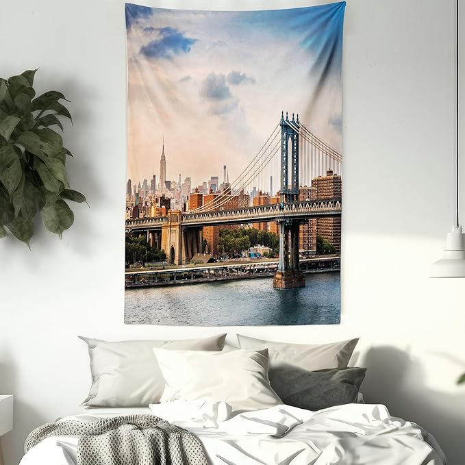 Ambesonne New York Tapestry Twin Size, Manhattan Bridge and the New York Skyline at Sunset East River Highrise Buildings, Wall Hanging Bedspread Bed Cover Wall Decor, 68" X 88", Camel Blue