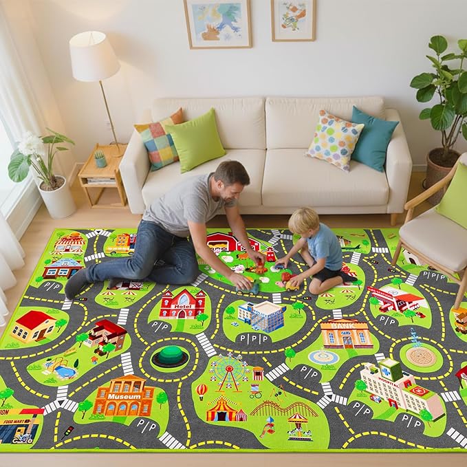 Kids Car Rug Play Mat, Kids Road Car Play Rug for Toy Cars, Educational Town City Map Carpet Vehicle Mat for Boy Playroom Bedroom, Non Slip Car Track Rugs for Kid Baby Children (60"X36", A)