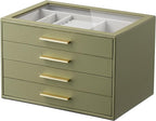 Jewelry Box Organizer Case for Women: 4-Layer Jewelry Storage Case with Glass Window, Olive Green Leather with Cream Velvet, Holder for Ring Necklace Bracelet Brooch Watch, Great Gift for Her