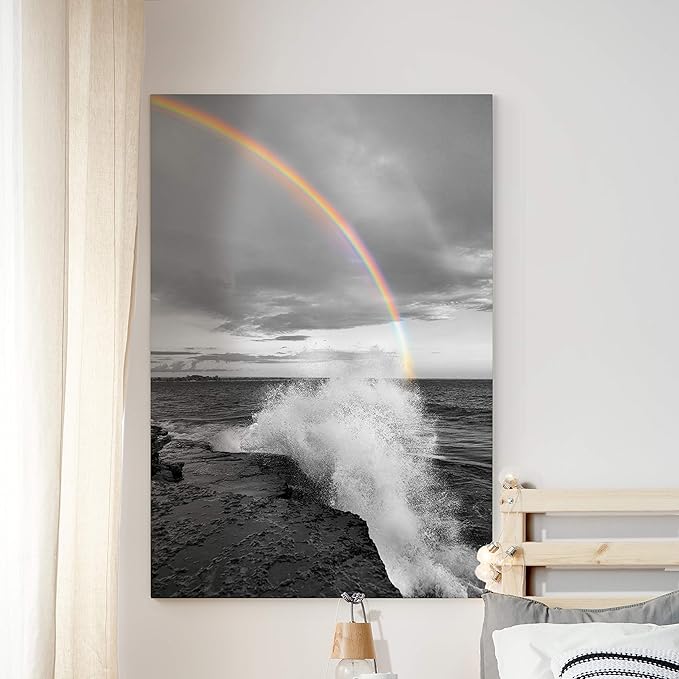 Renditions Gallery Canvas Nature Wall Art Paintings & Prints Decorations Romantic Cloudy Rainbow Black & White Wall Hanging Artwork for Bedroom Living Room Office Kitchen - 18"x27" LT06