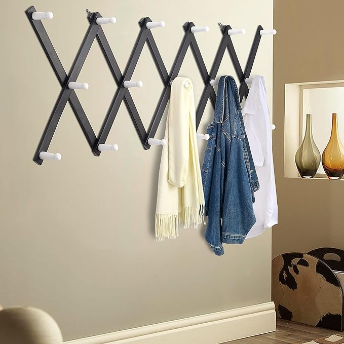 Dseap Accordian Wall Hanger: 16” High Wooden Wall Expandable Coat Rack, Hat Rack Holder, Accordion Hook for Baseball Caps, Coats, Mugs,17 Peg Hooks, Black & White