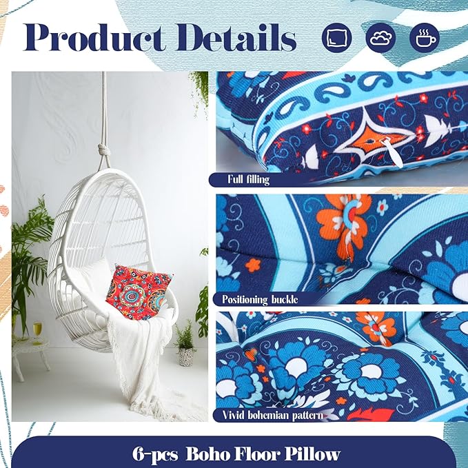 Menkxi 6 Pcs Bohemian Floor Pillows Seating 15 Inch Boho Floor Cushions Sitting Pillows Square Yoga Mandala Meditation Pouf for Living Room Balcony Office Tatami(Classic)