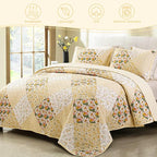 Exclusivo Mezcla Reversible Boho Quilts Queen Size, Yellow Bedspreads Lightweight Coverlet All Season Patchwork Quilt Bedding Set with Printed Floral Pattern (1 Quilt, 2 Pillow Shams)