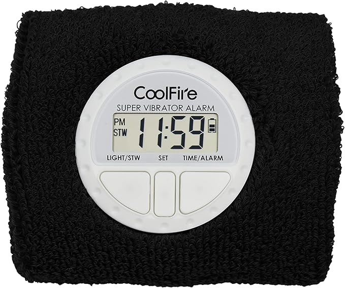 Coolfire Vibrating Alarm Clock - Silent Alarm Wristband Vibrating Alarm Watch. Silent Wrist Shock Alarm Clock. Vibration Alarm Bracelet Deep Sleeper & Vibrate Alarm (Black) (Black)