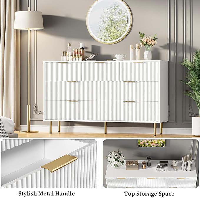 GarveeHome 7 Drawers Dresser for Bedroom, Fluted Dresser Chest of Drawers with Handle, Wood Modern Dressers for Closet, Bedroom Furniture Storage Organizer for Living Room, Hallway