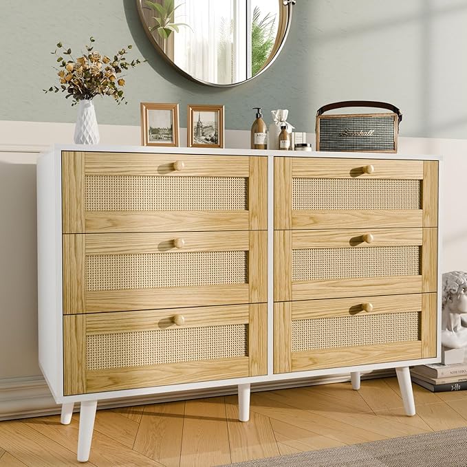 Elegant 6 Drawer Rattan Dresser, Boho Dresser Chest for Bedroom Hallway Living Room, White