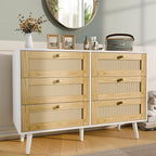 Elegant 6 Drawer Rattan Dresser, Boho Dresser Chest for Bedroom Hallway Living Room, White