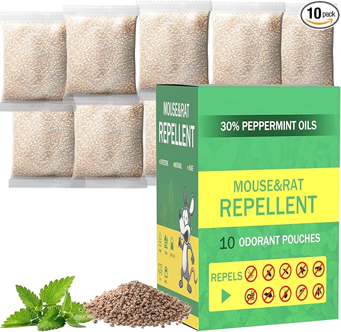 Mouse Repellent Pouches Squirrel Repellent 10 Pack Peppermint Oil Repellent for Mouse, Roach, Rodent, Spider, Ant, Mice, Rats, Pest Control Indoor & Outdoor, Natural Mouse Family & Pet Safe