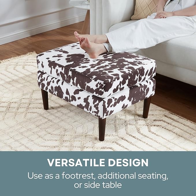 Convenience Concepts Designs4Comfort Marlow Ottoman 27" - Mid-Century Modern Upholstered Footrest & Seat for Living Room, Bedroom, Hallway, or Entryway, Brown Cow Print Fabric