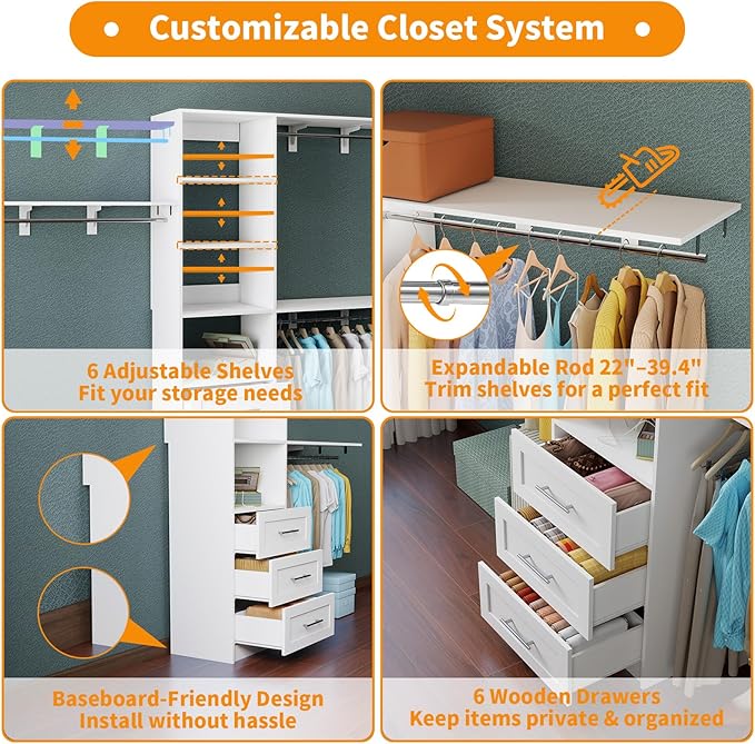 Closet System with Drawers, 8FT-12FT Closet Organizer System 96" -154.5" Walk in Wood Closet Storage System with Shelves Hanging Rods Corner Wall Mount, 2 Set