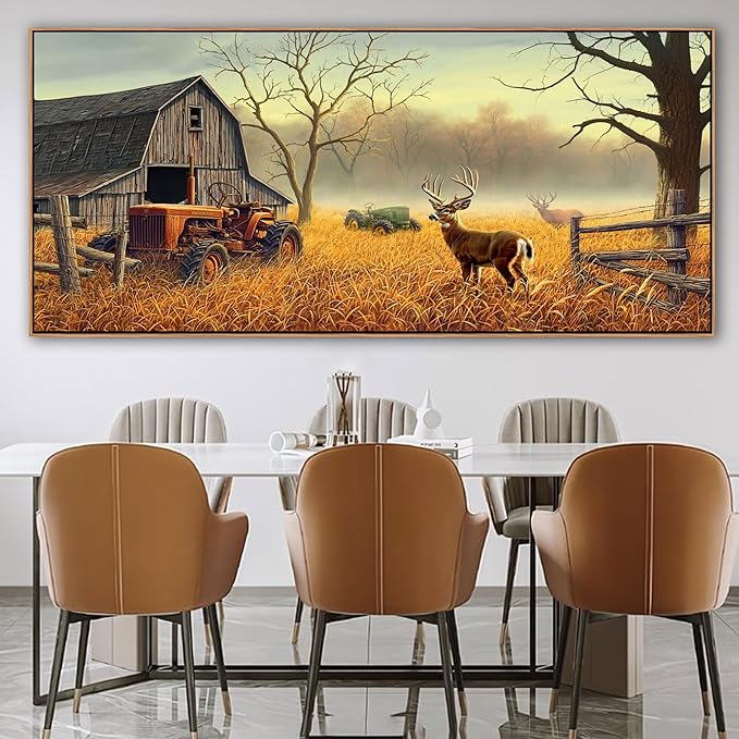 XLSJERST Deer Wall Art for Living Room Canvas Prints Decor Country Tractor Rustic Wildlife Cabin Hunting Picture Glass Surface Artwork for Bedroom Home Office 86x39 Inches