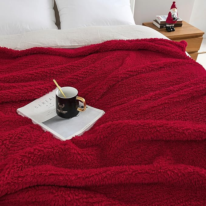 HORIMOTE HOME Ultra Soft Sherpa Throw Blanket with Pompom Fringe, Lightweight Plush Boho Throw Blanket for Couch, Sofa, Bedroom,Travel, Christmas Decor, Warm Blanket for Winter, 60"x80", Red