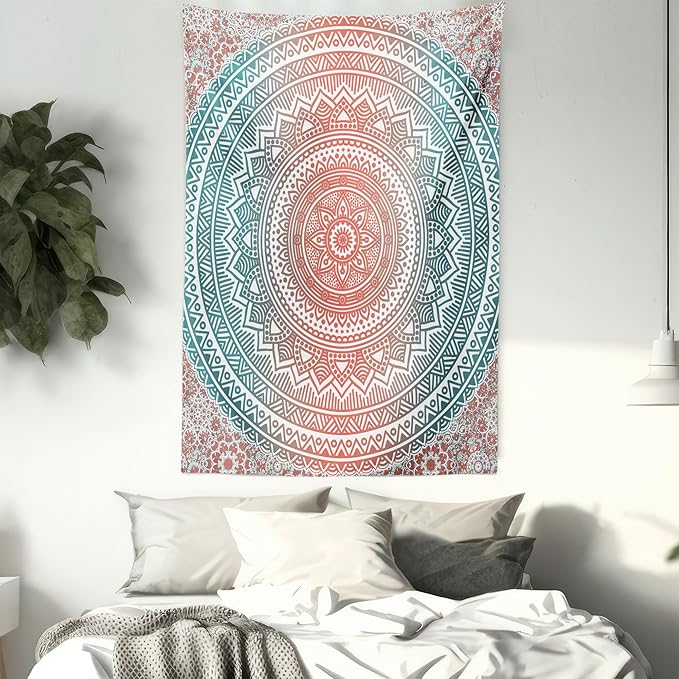 Ambesonne Teal and Coral Tapestry, Ombre Mandala Art Antique Gypsy Folk Pattern Cosmos Image, Wall Hanging for Bedroom Living Room Dorm Decor, 40" X 60", Teal Coral