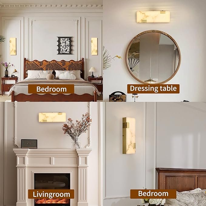 Modern Brass and Alabaster Wall Sconce 14.17in with Spanish Marble and an Elegant Dimmable LED (3000K Warm Light) for Bedroom Living Room Hallway Bathroom
