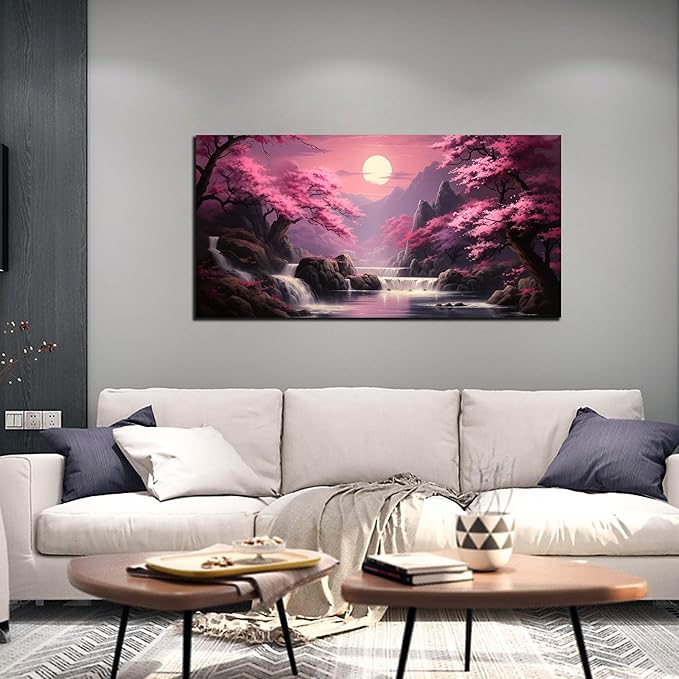 Landscape Wall Art for Living Room Bedroom Office Pink Wall Art Moon Lake Mountain Pictures Modern Artwork Framed Wall Decor Canvas Prints 20x40 Inch