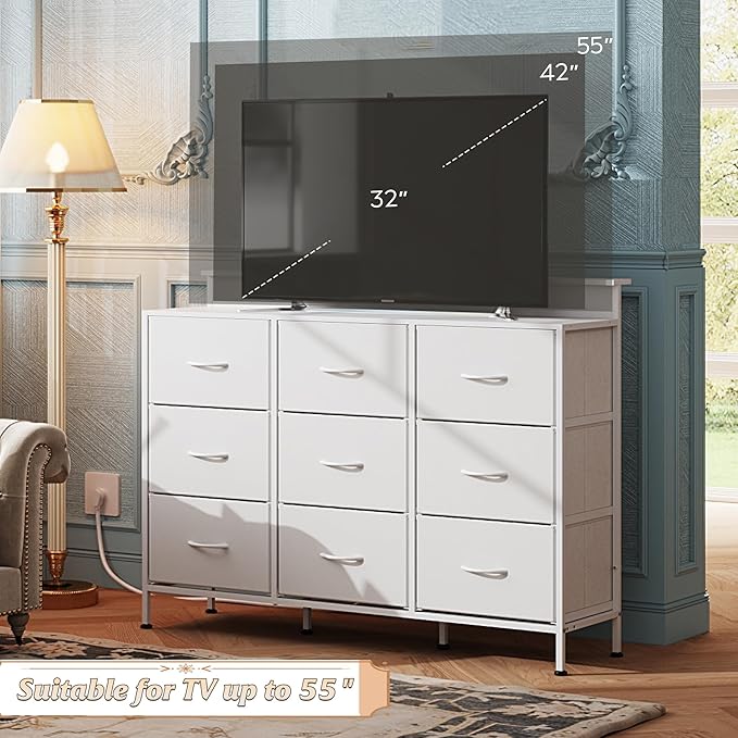 WLIVE White Dresser TV Stand for 45, 50, 55 inch TV, Entertainment Center with LED Lights & Charging Station, Chest of drawers with 9 Fabric Drawers and Open Shelves for Living Room, Hallway, Wood Top