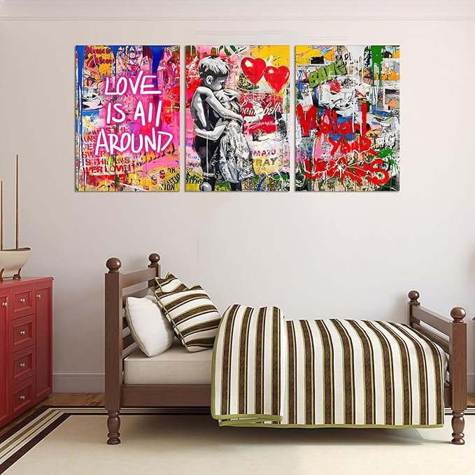 Novatique Colorful Graffiti Canvas Wall Art Street Banksy Wall Art Modern Street Teen Pictures Ready to Hang Banksy Graffiti Posters for Bedroom Living Room, 20”x 28”x 3Pcs