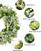 Vlorart 2 Pack Green Eucalyptus Leaf Wreaths, 24 Inch Artificial Spring Summer Wreaths for Front Door Decor Boxwood Wreath with Big Berries, Farmhouse Greenery Wreath Outside Year Round Indoor/Outdoor