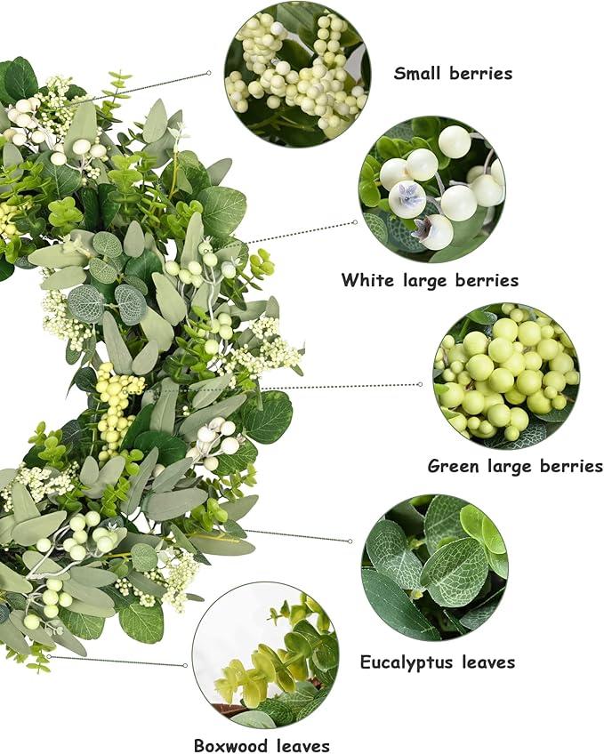 Vlorart 2 Pack Green Eucalyptus Leaf Wreaths, 24 Inch Artificial Spring Summer Wreaths for Front Door Decor Boxwood Wreath with Big Berries, Farmhouse Greenery Wreath Outside Year Round Indoor/Outdoor