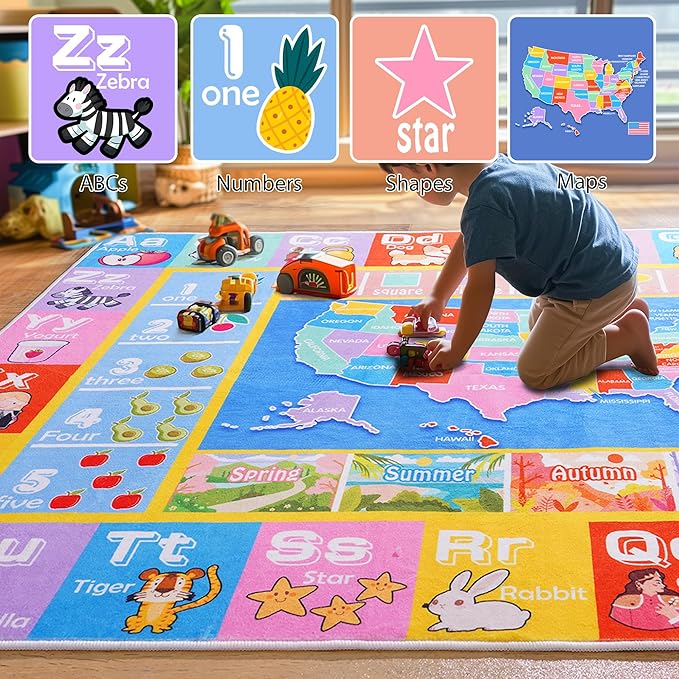 Kids Rugs for Playroom - Soft & Non-Slip 7x9 Feet Educational Rug for Learning ABC Alphabet, Numbers, Shapes & Map, Washable Classroom Rug for Toddler Nursery & Kids Room Decor