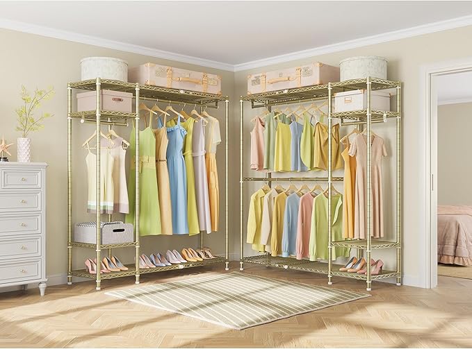 VIPEK X20 Expandable Metal Clothing Rack Adjustable from 3'3" to 4'8" Heavy Duty Garment Racks with Adjustable Shelves and Hanger Rods Portable Wardrobe Open Closet Rack System, Gold