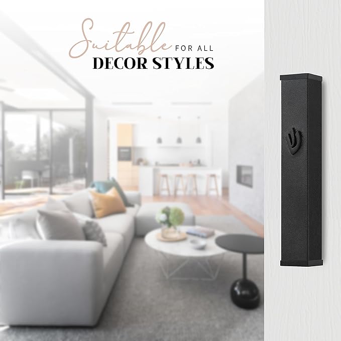 SURI Mezuzah Case for Door with Printed Scroll– 5.5 Inch Black Aluminum Jewish Mezuza Cover, Self-Stick Adhesive, Fits a 5 Inch Scroll, Gift Box Included