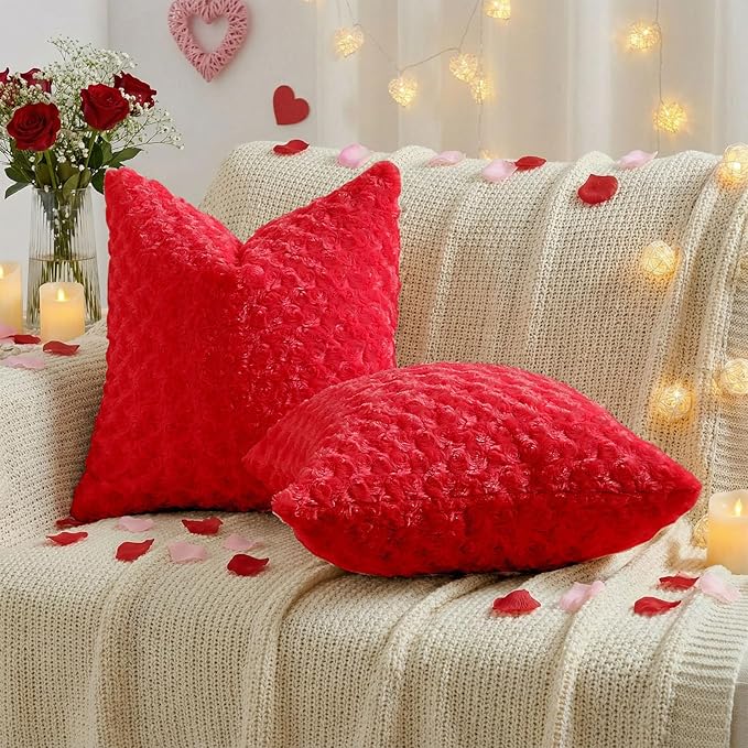 FUTEI Red Decorative Throw Pillow Covers 24x24 Inch Set of 2,Soft Solid Rose Swirl Textured European Cushion Case,Valentine's Day Decor for Couch Living Room