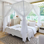 AIKASY Elegant Lace Princess 4-Poster Bed Canopy Mosquito Net - Romantic Wedding Bridal Bedroom Decor, Kids Room Bed Curtain for Women Adults - (White1,Twin)