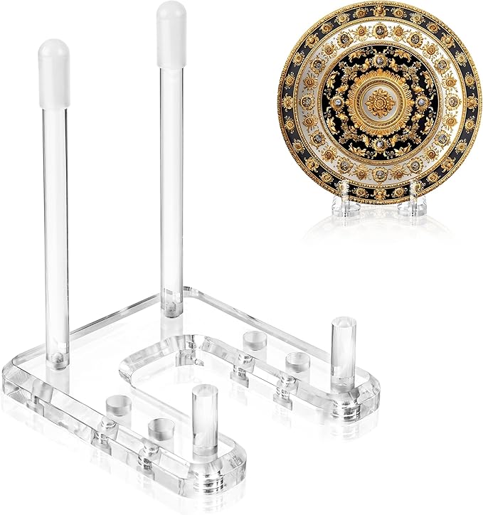 Plate Stands for Display, 2 Pack Clear Acrylic Display Easel with Adjustable Pegs for Decorative Plate, Books, Records, Plaque, Picture Frame, Platter Tabletop Art