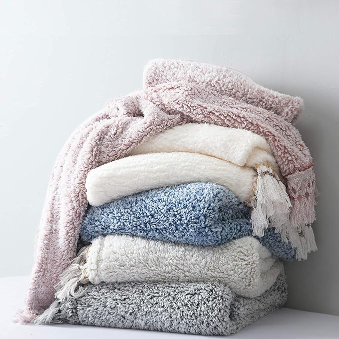 Ultra Soft Fleece Sherpa Blanket King Size,Lightweight Cozy Boho Bed Blanket with Decorative Tassel, Pattern Reversible, Antique White,104”x90”