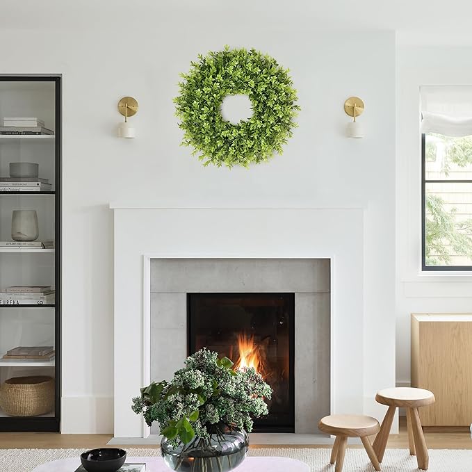 Vlorart 20 Inch Boxwood Wreaths for Front Door，Artificial Spring Wreath for Wall Farmhouse Wedding Front Porch Green Wreaths Year Round Indoor Outdoor for Summer Christmas Wreath Home Decorations