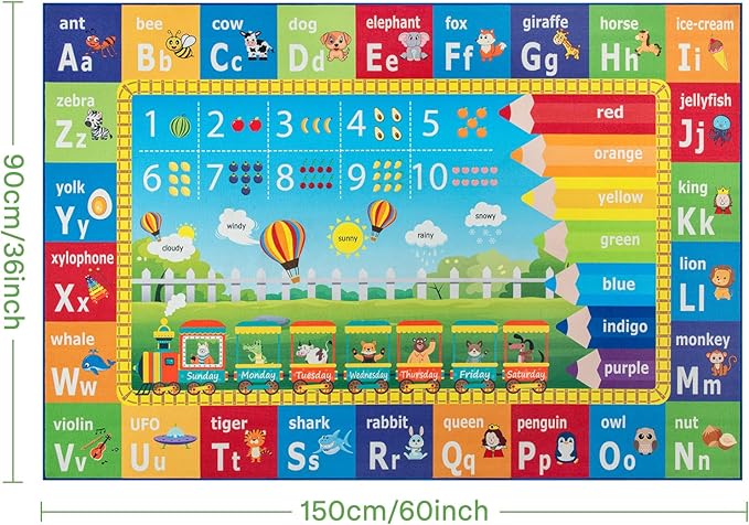 ST. BRIDGE Educational Kids Rug for Playroom 3x5 Feet, Non Slip Play Mat with ABC Alphabet, Numbers & Animals for Toddler Preschool Nursery Classroom, Soft Washable Area Rug for Early Learning
